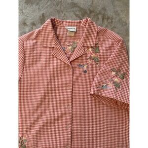 BonWorth Pink Gingham Embroidered Hummingbird Floral Button Up Shirt Sz M/L